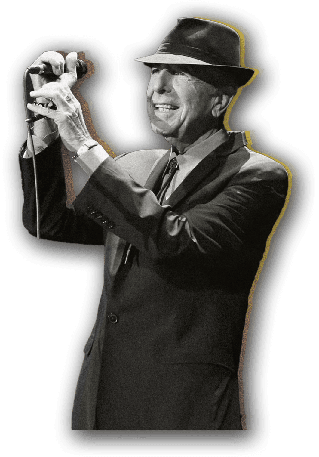Leonard Cohen in his signature fedora, singing at a microphone, with a soft gold glow